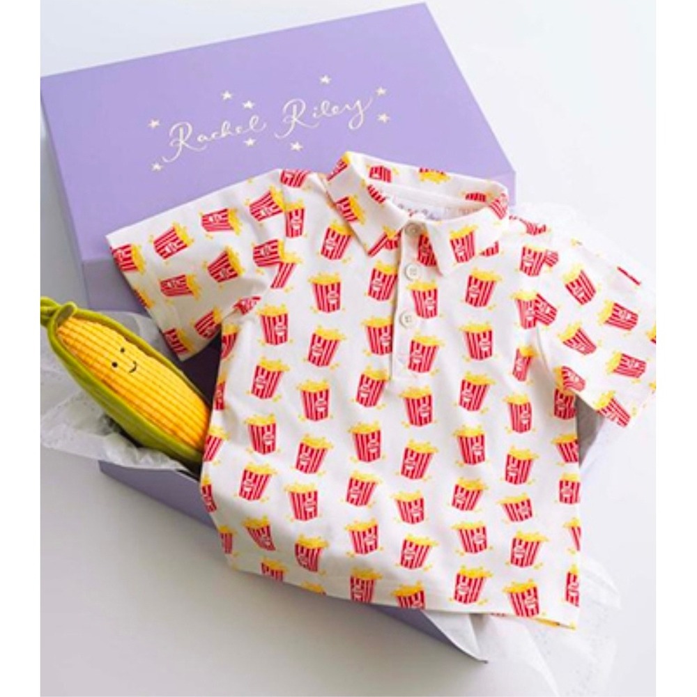 Rachel Riley Kids Popcorn Print Polo Shirt White Red Yellow Size 4Y Short Sleeve